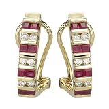 14K Yellow Gold 1/4 ct. Diamond with Alternating 5/8 ct. Square Shaped Ruby Earrings