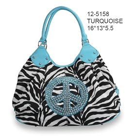 Women Handbag Purses Zebra Print Fashion New Design Hobo Tote Bag with Rhinestone Peace Sign Blue Trim