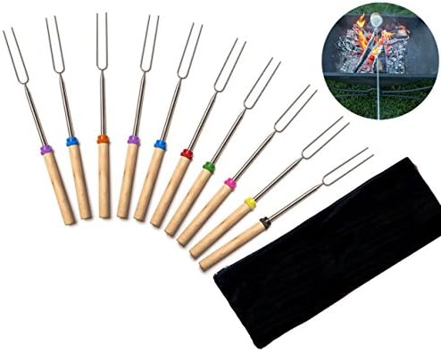 Marshmallow Roasting Sticks - Set of 10 - Telescoping Smores Sticks &amp; Barbeque BBQ Skewers Hot Dog Forks with Wooden Handle for Camping Campfire Travel Grill - With FREE Canvas Bag