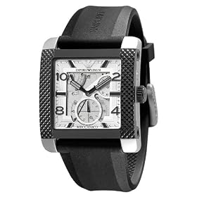 Emporio Armani Meccanico Gents Rectangular Case Silver Dial Black Rubber Strap Watch