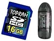 TOPRAM 16GB 16G SD SDHC Secure Digital Card with R1 Card Reader (Black)