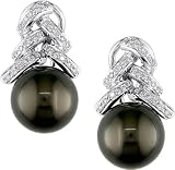 14K White Gold 1/4 ctw Diamond and 11mm Black Tahitian Pearl Earrings