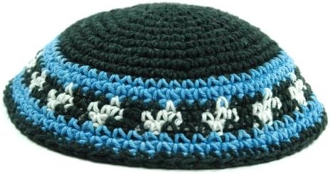 Large Hand Knitted 6 In (16 CM) Kippah Off-white on Navy Blue, Handmade Yarmulkah