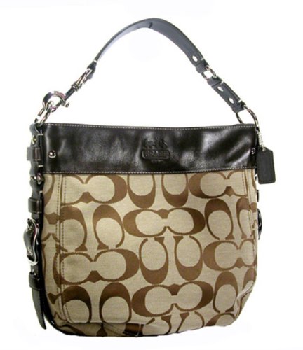 Authentic Coach Zoe Signature Dark Brown and Tan Handbag 12674 Silver Khaki Mahogany