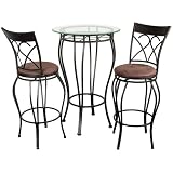 Home Source Industries Fancy Bistro Decorative Metal Pub Table with Glass Top and 2 Stools, Black
