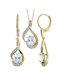 14k Gold Dangle Earrings (19mm tall) & 18 in. Pendant-Necklace Set, w/ 0.20 Carat Brilliant Cut Diamonds & 3.64 Carats Oval Cut (7x5mm) Aquamarine Stones