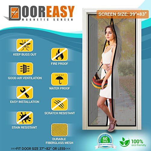 Fire-retardant DOOREASY Magnetic Fiberglass Screen Door With Intensified Micro Holes,Velcro Fully Sewn To Entire Frame, Fits Door Openings Up to 38"x82",Money Back Guarantee (39"X83", Black)