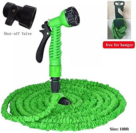 Ccaravan Extandable Magic Garden Hose, Strong, Light weight, No Kink and Super Flexible With a Free 8 Settings Spray Nozzle , Shut-off Valve and Free Hose Hanger(100ft Green)