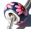 Murano Style Fimo Lampwork Bead Fits Pandora Dark Blue with Pink Tropical Flower, 14mm (1)