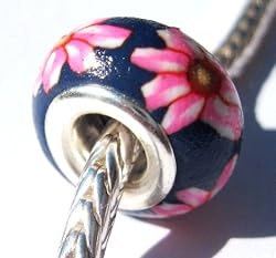 Fimo Lampwork Shaped Bead Fits Pandora Dark Blue with Pink Tropical Flower, 14mm (3)