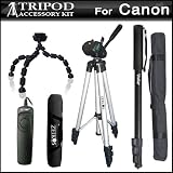 Tripod Kit For Canon EOS 60D, XT, XTi, T1i, T2i, T3i, T3, XS, XSi, G10, G11, G12 Digital SLR Camera Includes 57" Pro Tripod + 10" Flexible Gripster + 67" Monopod + RS60 Remote Switch