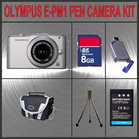 Olympus PEN E-PM1 Digital Camera (Silver) W/14-42mm Lens + Huge Accessories Package Including 8GB SDHC Memory Card + High Capacity PS-BLS1 Replacement Lithium-Ion Battery + Hi-Speed SD Card Reader + Carrying Case + Table Top Tripod Kit