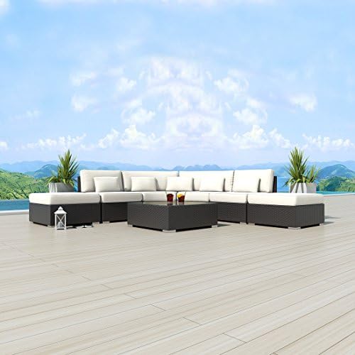 NEW Uduka Minbari 7pcs Outdoor Round Off White Sectional Patio Furniture Espresso Brown Wicker Sofa Set All Weather Couch