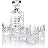 James Scott 6 PC crystal Bar Set, for Whiskey, Wine, and Liquor. This Irish Cut whiskey Set, includes a Decanter 750ml (with Full Glass Ground Stopper), and 4 x 8 oz. crystal DOF Glasses. and Tray