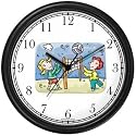 Boy and Girl Volleyball Players Playing - Cartoon Volleyball or Volley Ball Theme Wall Clock by WatchBuddy Timepieces (Black Frame)