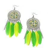 Feathered Statement Earrings; 5.5"l; Silver Metal l with Yellow and Green Beads and Feathers