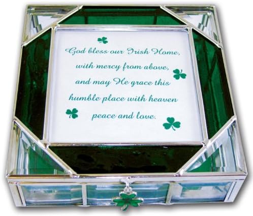 Irish Home Blessing Stained Glass Celtic Keepsake Trinket Jewelry Box With Shamrock Charm