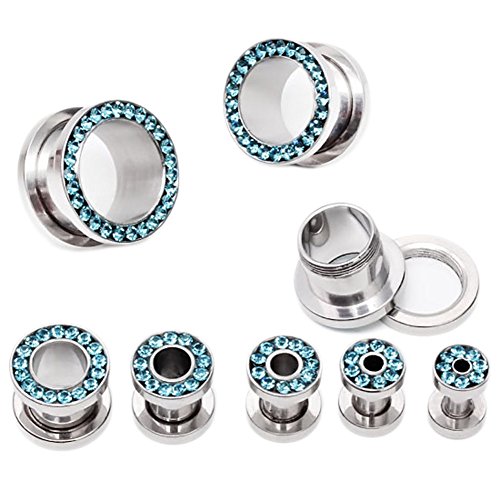 PiercingJ 3-14mm Punk Rhinestone Crystal Screw Tunnels Ear Expander Stretch Plugs Piercing Gauge (2g=6mm Blue)