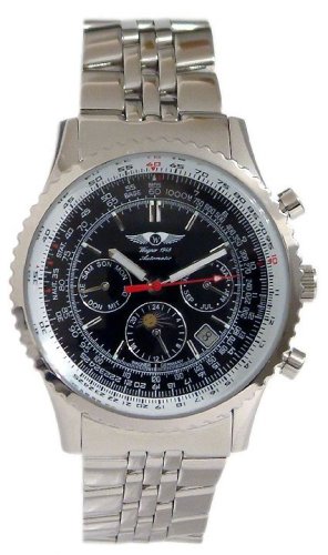 Wagner Herrenarmbanduhr-Automatik-Uhr Airtimer schwarz, Edelstahlarmband