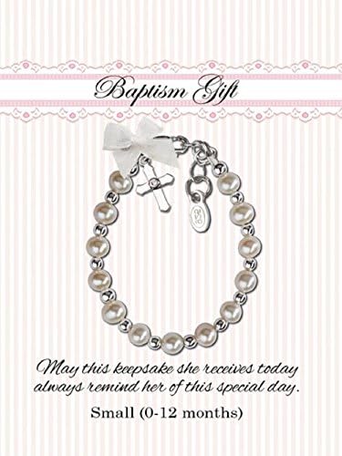 Girls Bracelet, Size Small Infant Baby 0-12 Months, Sterling Silver Pearl Baptism Bracelet, This precious baptism and christening bracelet is made of sterling silver and exquisite cultured pearls, and adorned with a dainty little silver cross (0-12 months adjustable) Celebrate these cherished moments with this keepsake she will treasure forever! Bracelet measures 4 - 4.5 inches