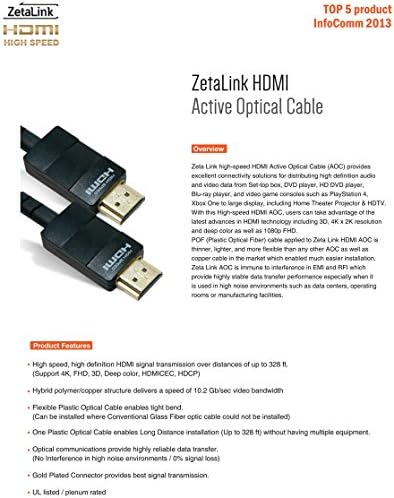 ZETALINK 10m (33ft) Active Fiber Optic AOC High Speed HDMI Cable/ UL Listed / Plenum Rated &amp; Riser Rated Certifications - HDMI to HDMI Active Optical Cable M/M - 2x 19 pin HDMI for Samsung 4K Monitor U28D590D , Samsung LED TV N55HU7250, UN105S9 , SE39UY04 , UN65HU8550 , LG 4K TV and Visio 4K LED HDTV, Samsung 4K TV Accessories