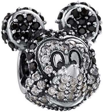 925 Sterling Silver Disney Mickey Portrait Charm with Black Crystal and Clear Cubic Zirconia