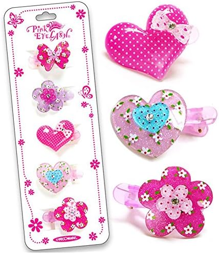 Pink Eyelash Girls Pink Heart Butterfly Flower 5 Piece Hair Clippie Set