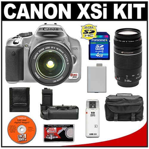 Canon EOS Digital Rebel XSi 12.2-Megapixel SLR Camera (SILVER) with Canon EF-S 18-55mm f/3.5-5.6 IS Zoom Lens + Canon EF 75-300mm f/4-5.6 III Zoom Lens + Canon BG-E5 Battery Grip + LP-E5 Battery + Case + Cameta Bonus Accessory Kit