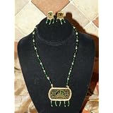 Christmas Gift 22k Gold Plated Dark Emerald Green Beads 3p Necklace Earring Set Indian Style Ethnic Jewelry Set 3pc