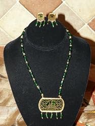 Christmas Gift -Gold Plated Dark Emerald Green Beads 3p Necklace Earring Set Indian Style Ethnic Jewelry Set