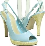 DSR Raffia Heel Peep Toe Sling Back Sandal Blue Patent