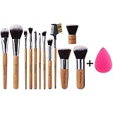EmaxDesign 12+1 Piece Makeup Brush Set,12 Pcs Professional Bamboo Handle Foundation Blending Blush Eye Face Liquid Powder Cream Cosmetics Brushes & 1 EmaxBeauty Blender Makeup Sponges
