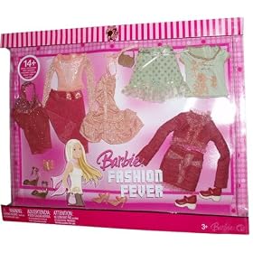 Barbie Fashion Fever Doll's Cloth Assortment Set (14+ Pieces) L0685 with Red Halter, Peach Dress with Pink Pants, Pink Dress, Green Shirt with Silver Dot Green Skirt, Maroon Blazers with Maroon Skirt, 3 Pair of Shoes, Handbag and Butterfly Shaped Accessory