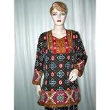 Gift for Her- Contemporary Black Red Colored Printed Designer Crepe Kurti Tunic Top L !! Free Shipp