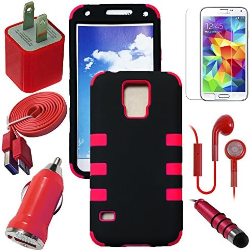 Celkits 7 Item Bundle for Samsung Galaxy S5 / SV Red Tripple Hybrid Protective Case Cover, USB Car Charger Plug, USB Home Charger Plug, USB 2.0 Data Cable, Metallic Stylus Pen, Stereo Headset & Screen Protector Kit.