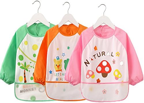 Baby Bibs Cute Cartoon Unisex Infant Toddler Baby Waterproof Sleeved Bib, Baby Toddler Smock (6 Months-3 Years) (Pink orange green)