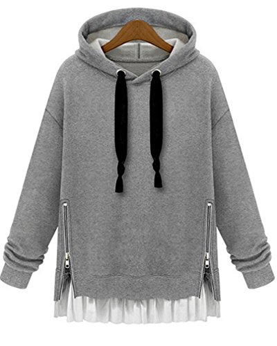 2015 春 裾 フリル ジップアップ アクセント シンプル スウェット パーカー グレー ブラック S M L XL 2XL