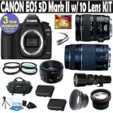 Canon EOS 5D MARK II 10 Lens Deluxe Kit with EF-S 28-135mm f/3.5-5.6 IS USM Standard Zoom Lens & EF 75-300mm f/4-5.6 III Telephoto Zoom Lens + 500 Telephoto Preset Lens + Canon 50mm 1.8 Lens + 16GB Deluxe Accessory Kit + 3 Year Celltime Warranty