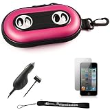 Pink Portable Hard Case Cover Shell with Integrated Speakers for New Apple iPod Touch 4 ( 4th Generation 8GB 16GB 32GB ) + Includes Anti Glare Screen Protector Guard + Includes a Black Rapid Travel Car Charger for your iPod Touch