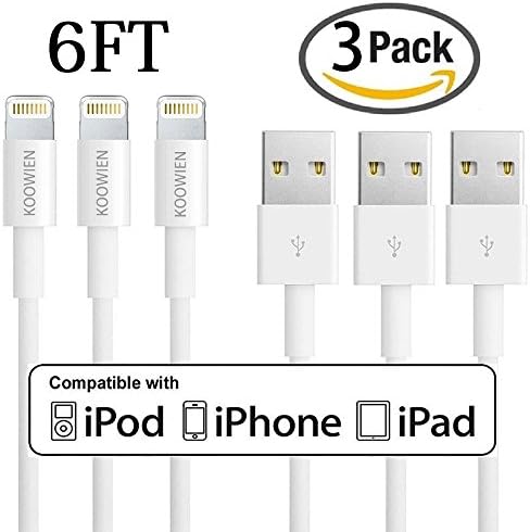 Lightning Cable, KOOWIEN 3Pack 6ft Extra Long 8pin Lightning to USB Charging Cord for Apple iPhone 5/5s/5c/6/6s Plus/SE, iPad mini/Air/Pro, iPod touch (White)