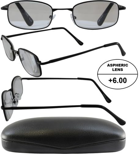 Men's High-Powered Reading Glasses: Matte Black Frame and Black Case +6.00 Magnification Clear Aspheric Lenses