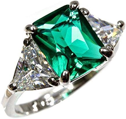5 cttw Sterling Silver 3 Stone Green Emerald Trillion Cut Cubic Zirconia Engagement Ring (Sizes 3-13)