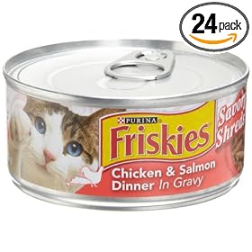 Friskies Cat Food Savory Shreds Chicken & Salmon Dinner in Gravy, 5.5-Ounce Cans (Pack of 24)
