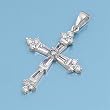Sterling Silver Pendant - Clear Tapered Baguette Cubic Zirconia - Cross - Byzantine Style - 32mm Height