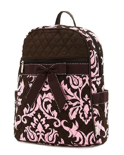 Belvah Quilted Damask Print Backpack Purse Pink Chocolate Brown 11x13x5