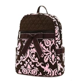 Medium Quilted Damask Print Backpack Purse - Pink, Chocolate Brown (11x13x5)