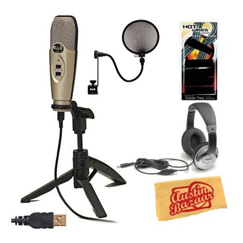 CAD U37 USB Studio Recording Microphone Bundle with Headphones, Velcro Cable Ties, Pop Filter, and Polishing Cloth