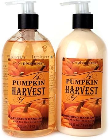 Set of Pumpkin Harvest Body Lotion and Cleansing Hand Soap with Aloe Vera, Shea Butter in Stainless Steel Caddy (16 fl oz each)