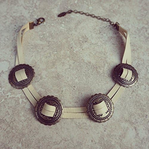 Genuine Cream Colored Leather Brass Metal Concho Choker Boho Bohemian Gypsy Western Festival Necklace