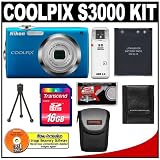 Nikon Coolpix S3000 12.0 Megapixel Digital Camera with 4x Optical Zoom (Blue) with + 16GB Card + EN-EL10 Battery + Case + Accessory Kit
